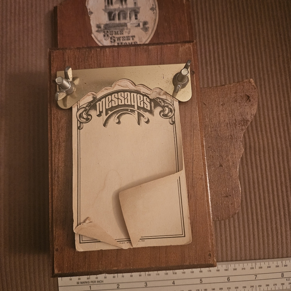 Note Pad. Brass and Wood. Vintage. Wall Decor.